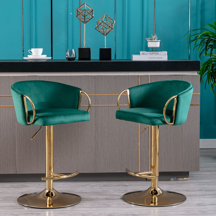 (Set of 2) Bar Stools, With Chrome Footrest And Base Swivel Height Adjustable Mechanical Lifting Velvet And Golden Leg Simple Bar Stool - Green