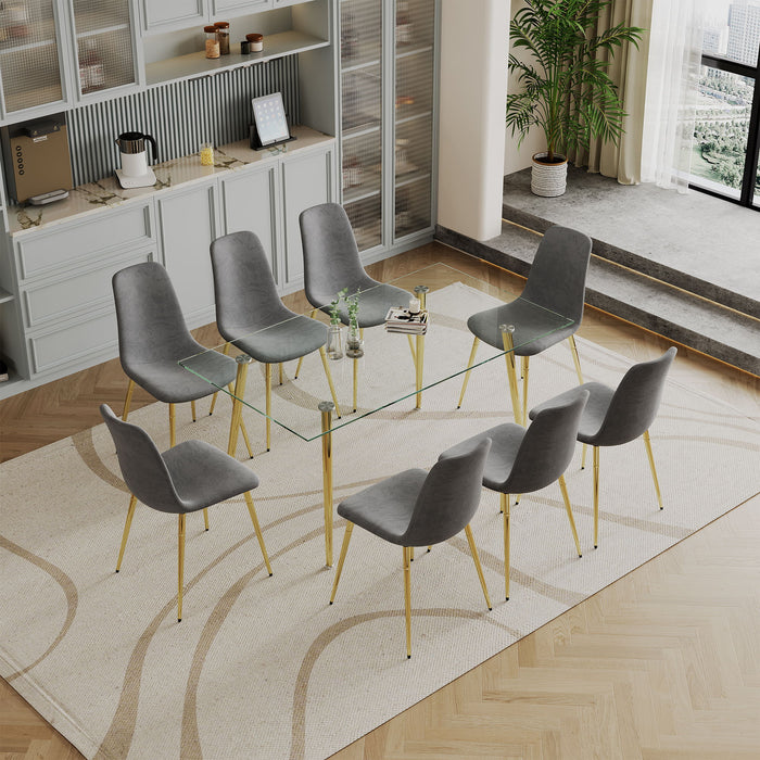Dining Table (Set of 9) Tempered Glass Top Dining Table, With Metal Legs And Eight Fabric Dining Chairs