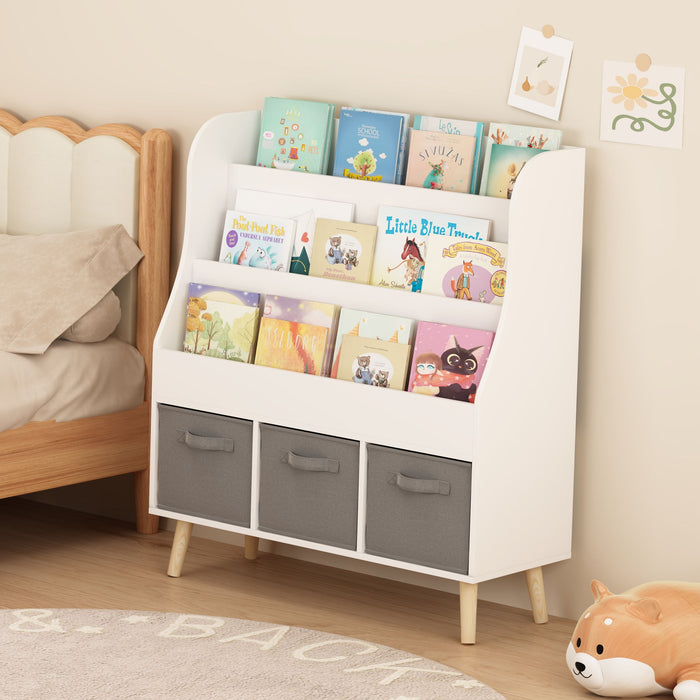 Bookshelf With 3 Storage Bins, Book Display Organizer, Front Facing Book Rack - White