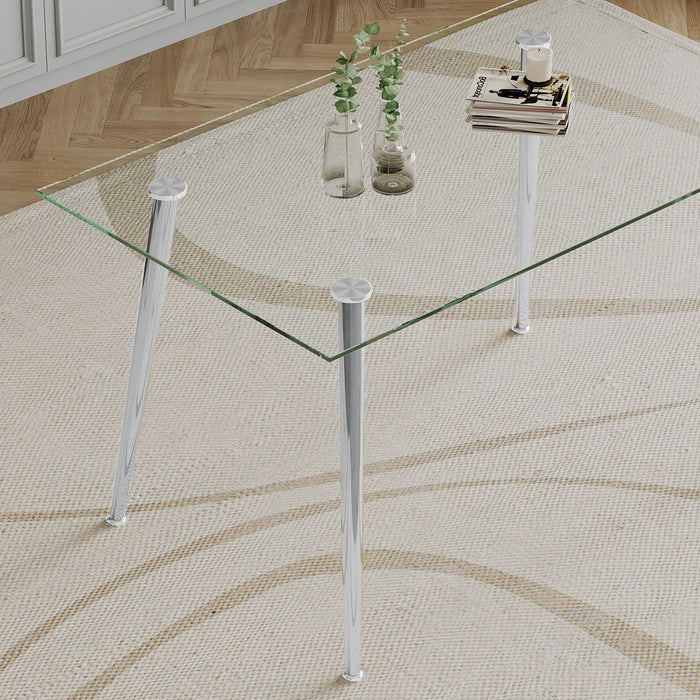 Dining Table (Set of 5) Tempered Glass Top, Dining Table With Metal Legs And Four Fabric Dining Chairs - Silver