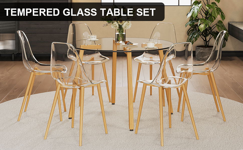 1 Modern Minimalist Style Circular Transparent Tempered Glass Dining Table, 6 Piece Set of Simple Transparent Plastic Armless Crystal Chair With Wooden Metal Legs Tw - 1200 Drt - 1123