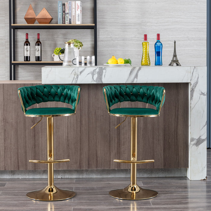 (Set of 2) Green Bar Stools, With Chrome Footrest And Base Swivel Height Adjustable Mechanical Lifting Velvet And Golden Leg Simple Bar Stool