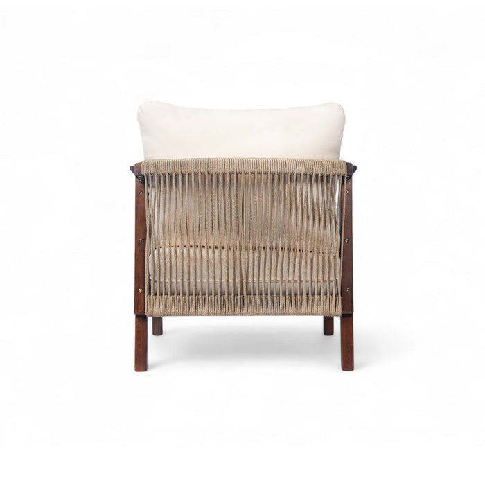 Outdoor Lounge Chair With Woven Backrest, Solid Wood Frame, Comfortable Cushions