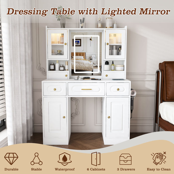 Large Vanity Table Set With Mirror, 6 Drawers & Shelves, Power Socket, Hair Dryer Holder, Cabinet Light, Dressing Desk - White