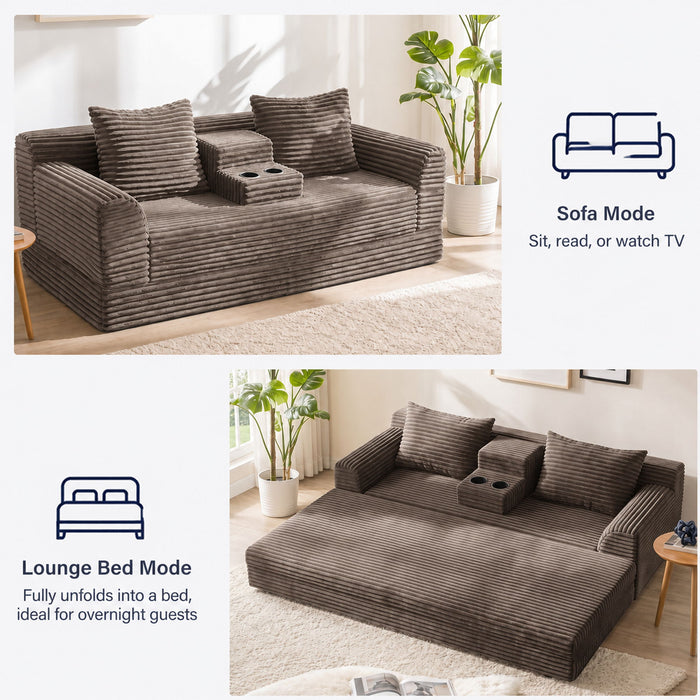Soft Striped Convertible Sofa Bed, Dual Use Lounge Couch With Cup Holders And Pillows