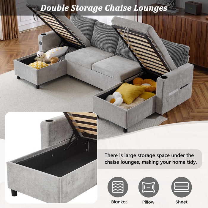 Sectional Sofa Bed With Pull Out Sleeper, USB Ports, Cup Holders
