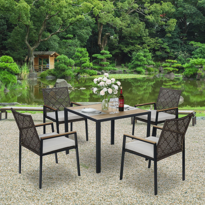 5 Piece Patio Dining Table Set, Acacia Wood Table Top With Umbrella Hole