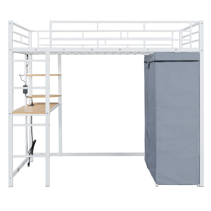 Loft Bed With Desk, Shelves, Power Outlet, LED Light And Wardrobe