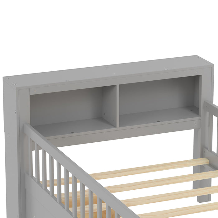 Bed With Headboard Storage Rack, 2 Under Bed Drawers, 3 Side Guardrails For Safety