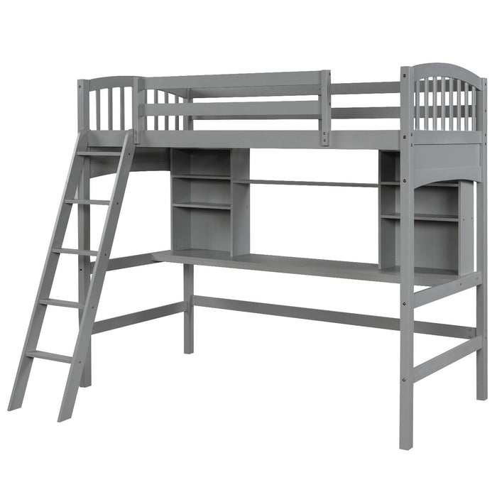 Loft Bed With Storage Shelves, Desk And Ladder