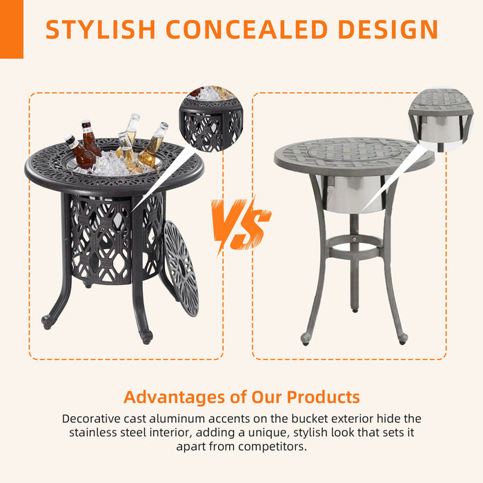 Side Table With Removable Ice Bucket, Hand Brushed Finish, Food Grade Bucket For Indoor & Outdoor Use - Antique Bronze