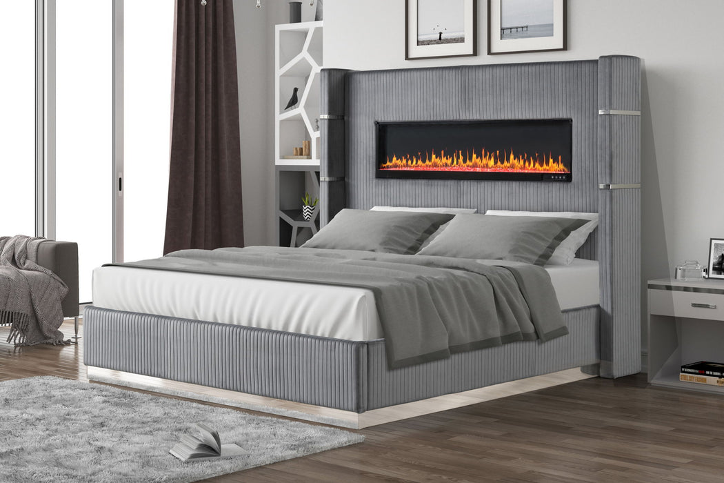 Lizelle Upholstery Wooden King 5 Pieces Bedroom Set With Ambient Lighting In Gray Velvet Finish