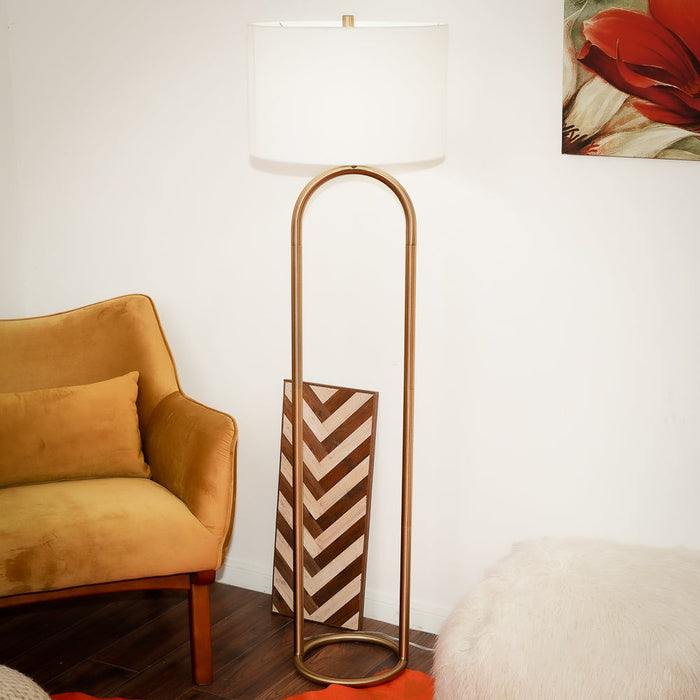 Vivid - Ring Base Floor Lamp With Large Drum Shade - Antique Brass / White
