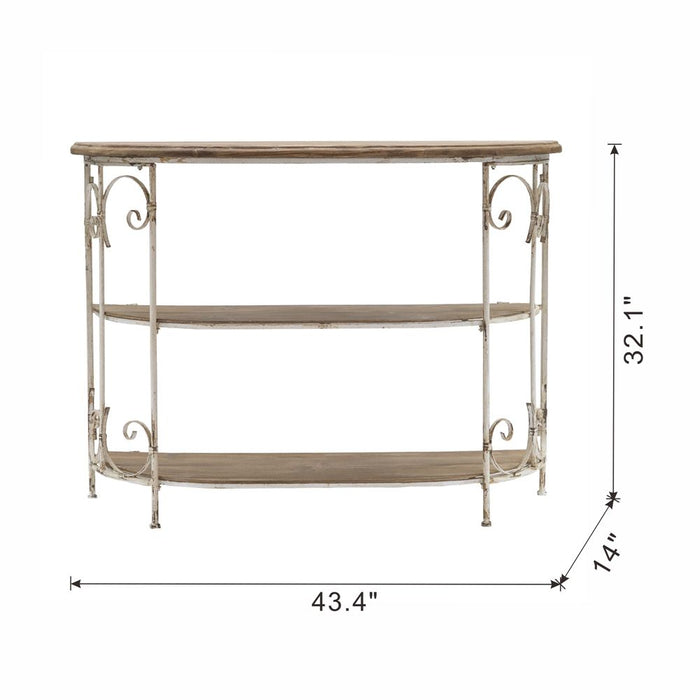 3 Tiered Wooden Shelving Unit With Ornate Iron Frame - Multicolor