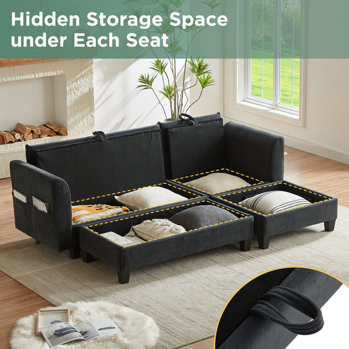 Upholstered L Shaped Sectional Sofa With Storage, Movable Ottoman, And 6 Throw Pillows