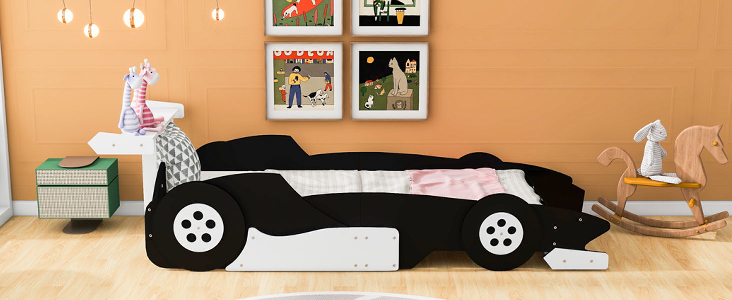 Race Car-Shaped Platform Bed With Wheels