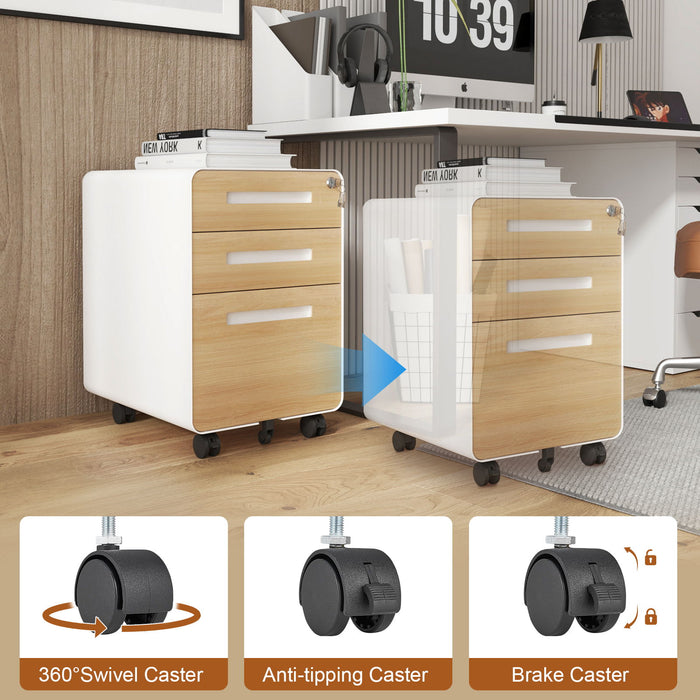 3 Drawer Mobile File Cabinet Under Desk Office, Simple Style Versatile Storage Cabinet For Legal / Letter / A4 Files, 5 Wheel Design Anti-Tilting Cold Rolled Steel Waterproof Moisture-Proof