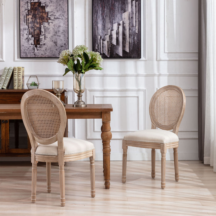 French Style Solid Wood Frame Antique Painting Linen Fabric Rattan Back Dining Chair (Set of 2) - Cream