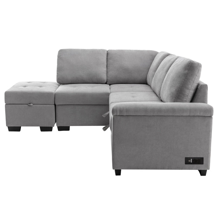 Sleeper Sectional Sofa, L-Shape Corner Couch Sofa-Bed With Storage Ottoman & Hidden Arm Storage & Usb Charge For Living Room Apartment, Gray