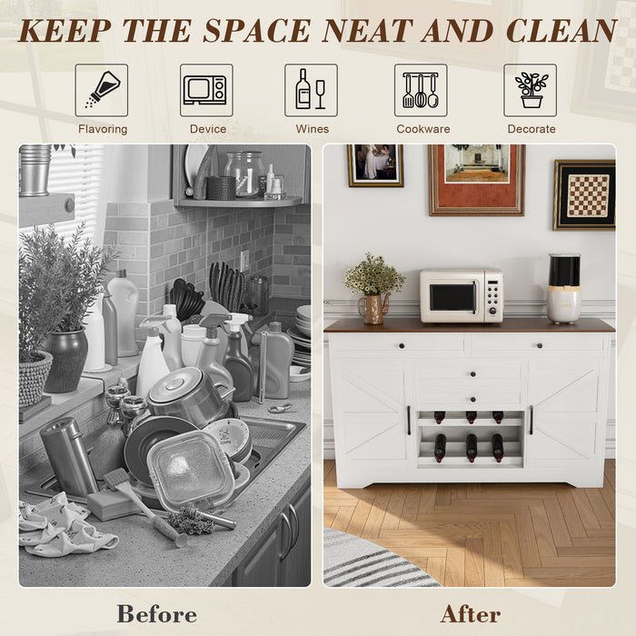 Rustic Farmhouse Kitchen Island With Storage Cabinet, Wood Top Breakfast Bar - White