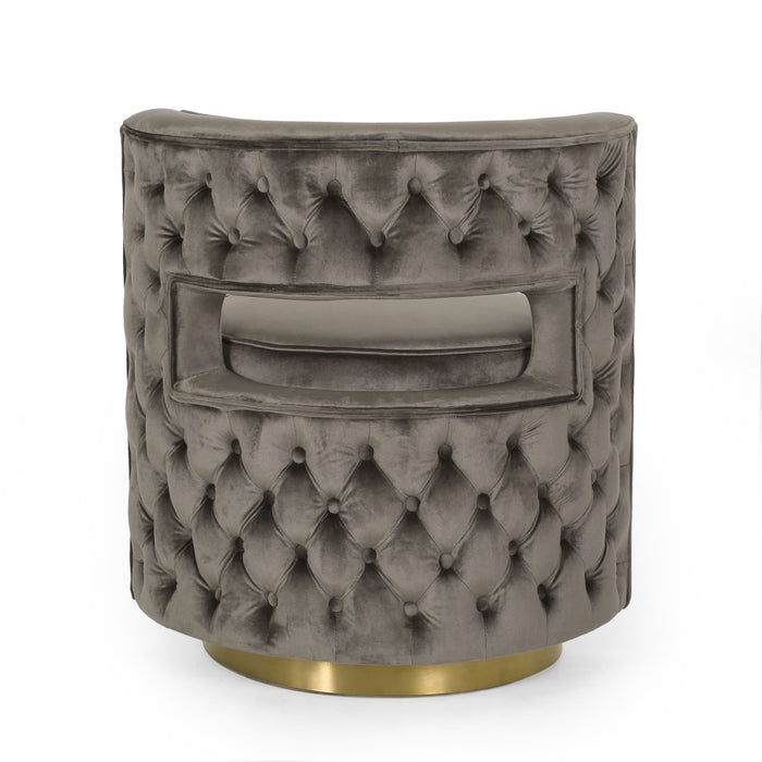 Modern Glam Swivel Arm Chair With Velvet Upholstery And Copper Base - Gray