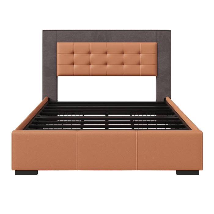 Modern Style Upholstered Queen Platform Bed Frame With Four Drawers, Button Tufted Headboard With PU Leather And Velvet, Two Color, Orange And Brown
