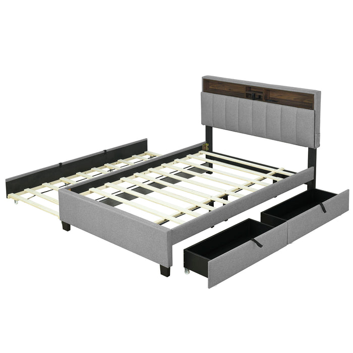 Upholstered Platform Bed With Storage Headboard, Trundle & 2 Drawers And A Set Of Sockets & USB Ports