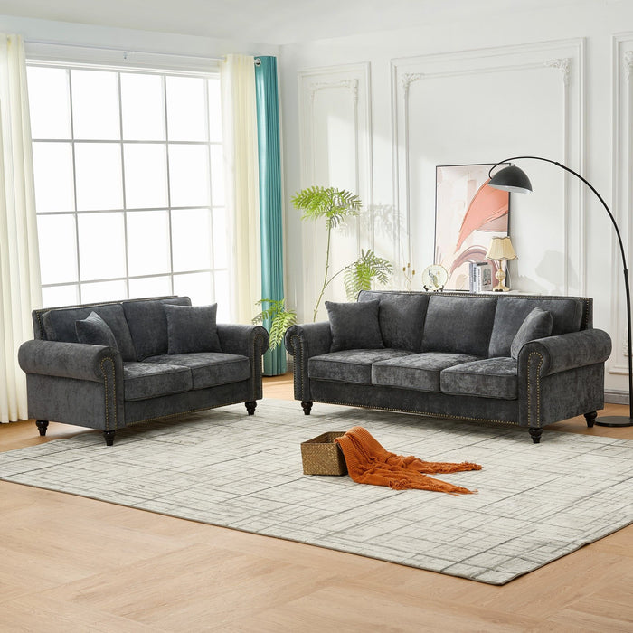 3 And 2 Seater Sofa With Rolled Arms, Tufted Upholstered Couch - Gray