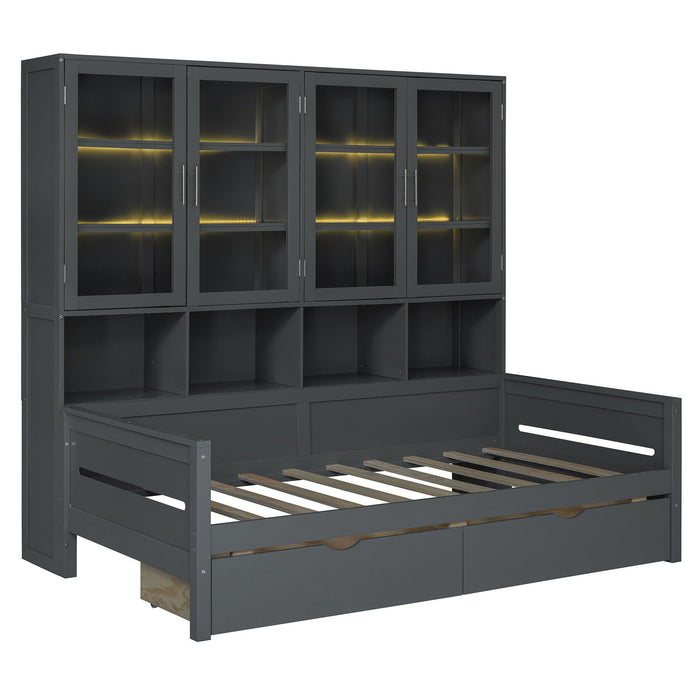 Daybed With Glass Door Storage Cabinets, Built In LED Lighting And Shelves