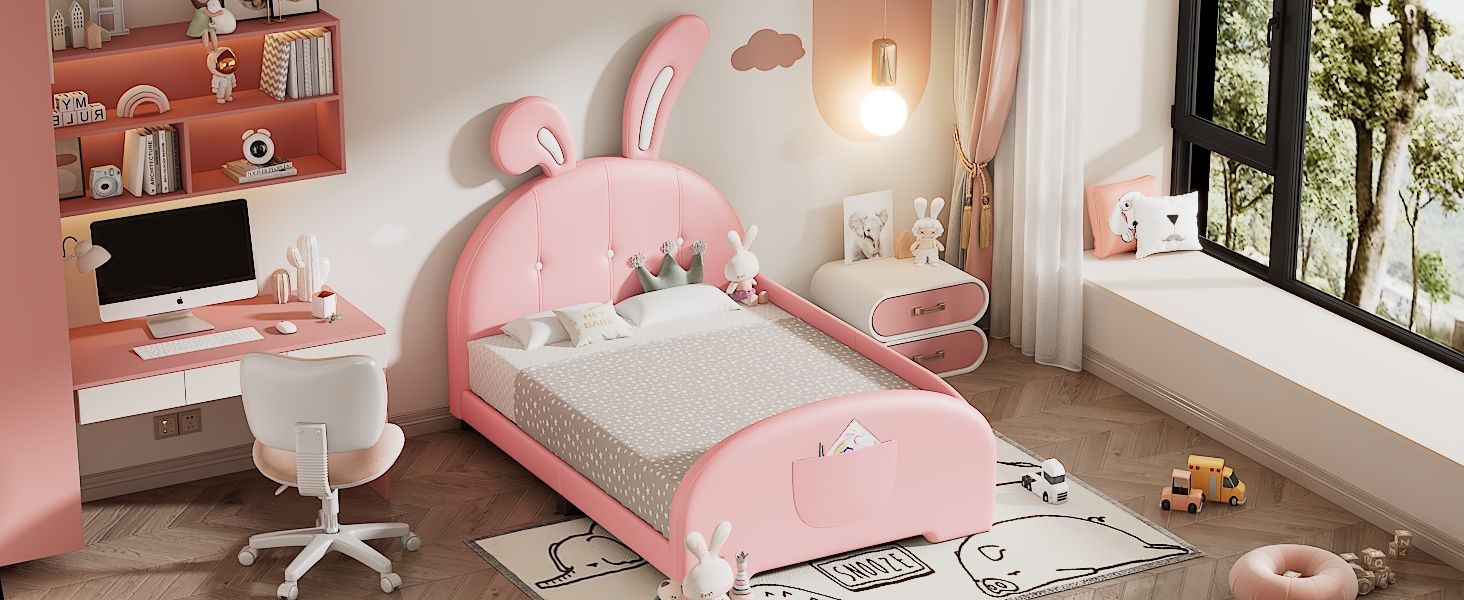Upholstered Rabbit-Shape Princess Bed With Headboard And Footboard