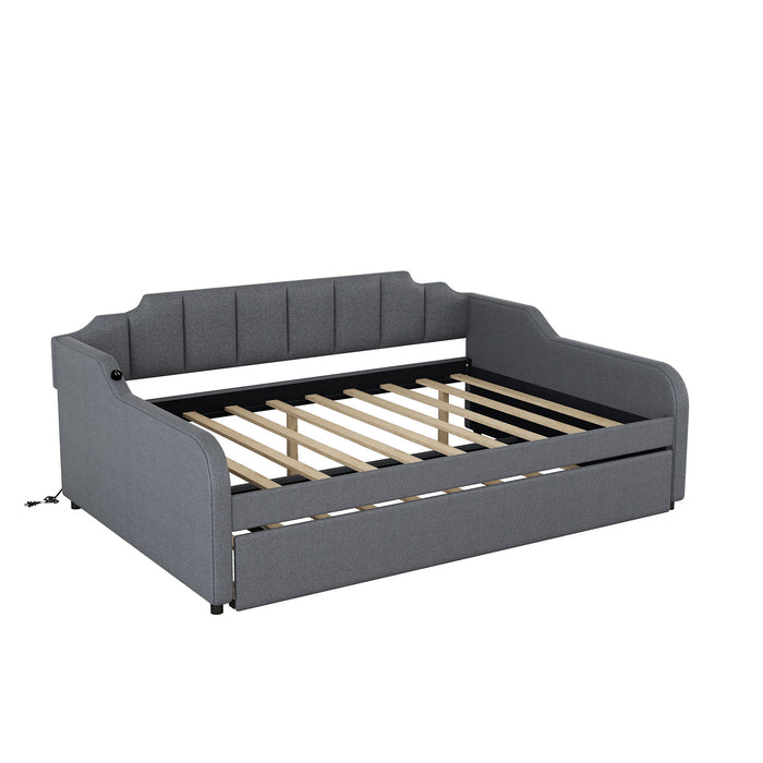 Full Size Upholstered Daybed With Trundle And USB Charging - Gray