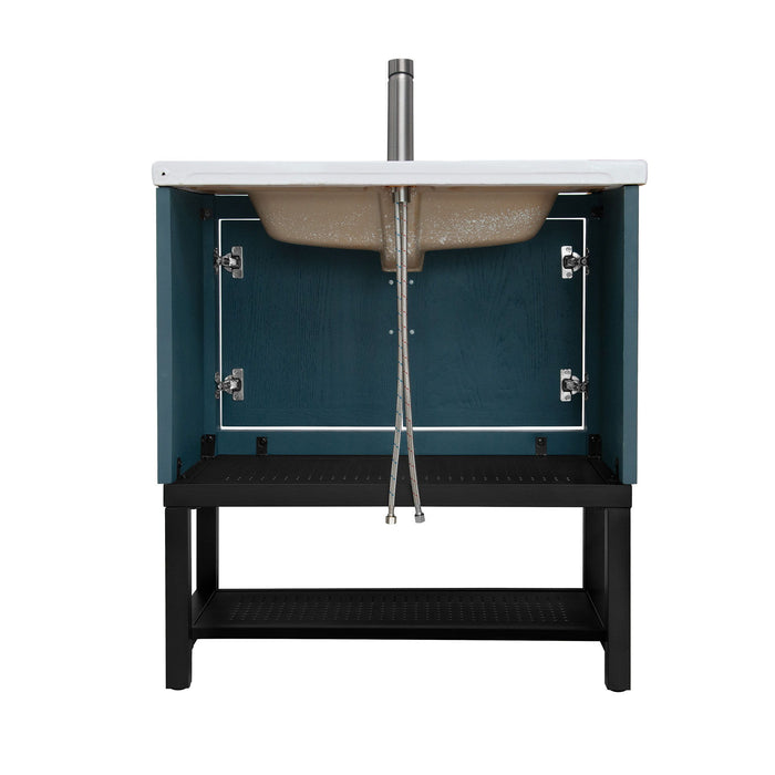 Modern Freestanding Bathroom Vanity With Ceramic Sink, Hot And Cold Faucet, Storage Cabinet & Open Shelf