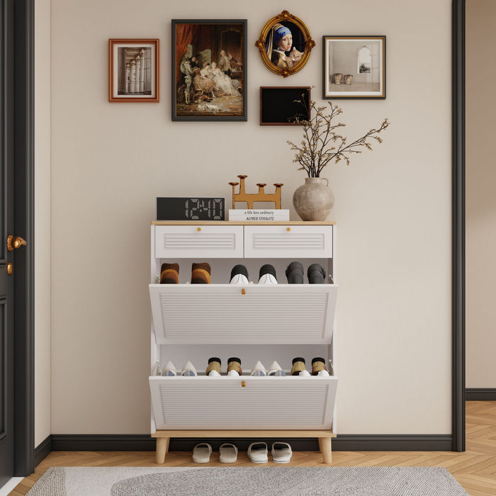 Modern Freestanding Shoe Cabinet With Flip Up Doors And Drawers, Compact Design For Entryway - White Natural