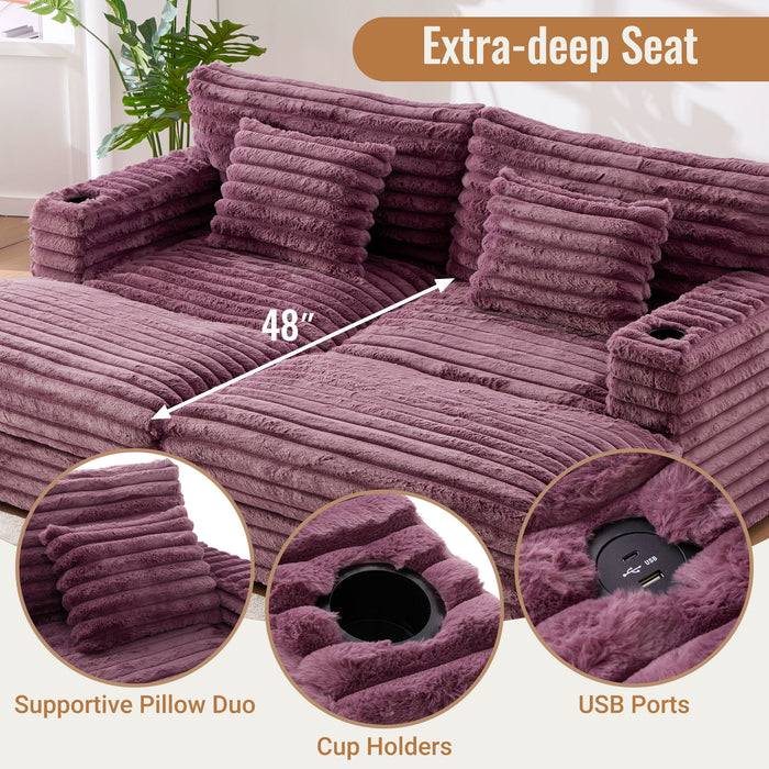 Plush Oversized Double Chaise Lounge Sofa Bed With USB Ports And Cup Holders