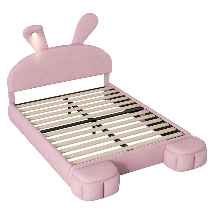 Upholstered Platform Bed With Cartoon Ears Shaped Headboard And LED Light