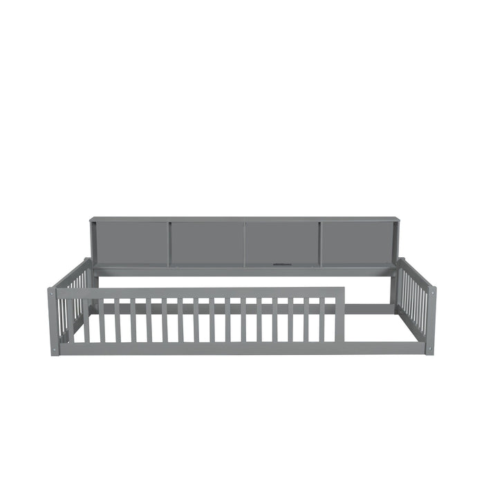 Twin Long Floor Bed With Storage Cabinets And USB Ports - Gray