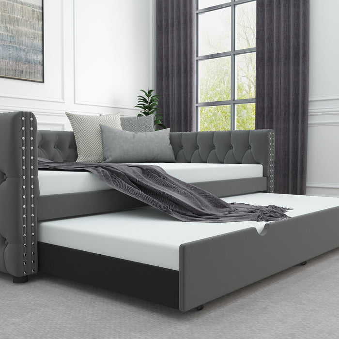 Daybed With Trundle Velvet Upholstered Tufted Sofa Bed, With Button And Copper Nail Onsquare Arms, Full Daybed & Twin Trundle For Bedroom, Living Room, Guest Room - Grey
