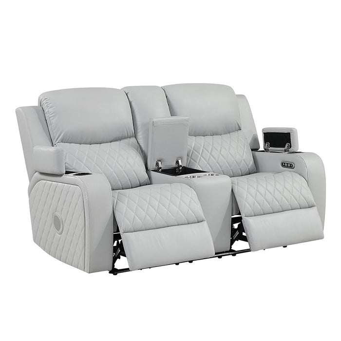 Elonzo - Power Motion Loveseat With Console, LED, Power Headrest & Speaker - Light Gray