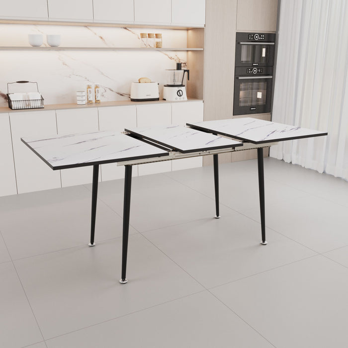 Modern Industrial Expandable Dining Table 47" To With Marble Pattern Top And Metal Legs - White