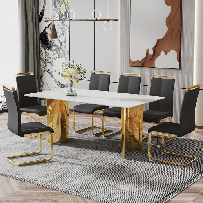 Modern Minimalist Dining Table The White Imitation Marble Glass Desktop Is Equipped With Golden Metal Legs Suitable For Restaurants And Living Rooms