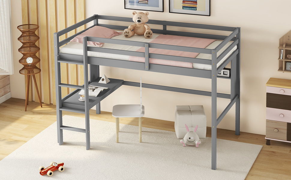Loft Bed With Desk And Shelves, Safety Guardrail And Ladder