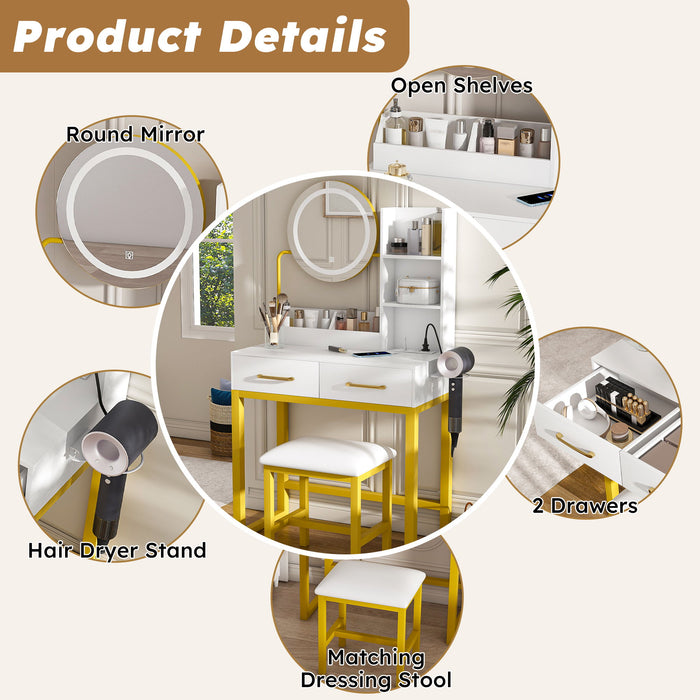 Makeup Vanity Table With LED Lights, 3 Color Options, Power Outlet