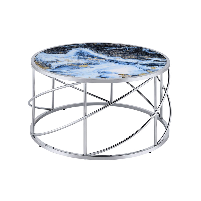 Acme Lyda Coffee Table, Blue Marble Print & Chrome Finish Lv02095