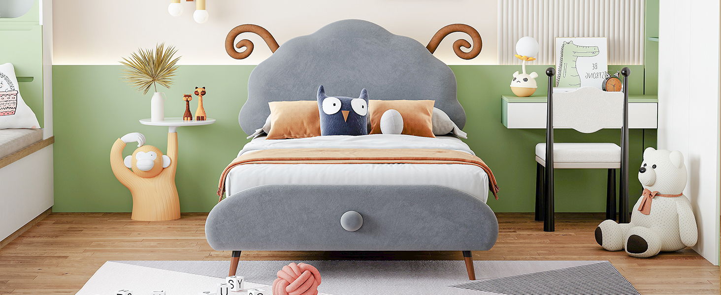 Upholstered Platform Bed With Sheep Shaped Headboard
