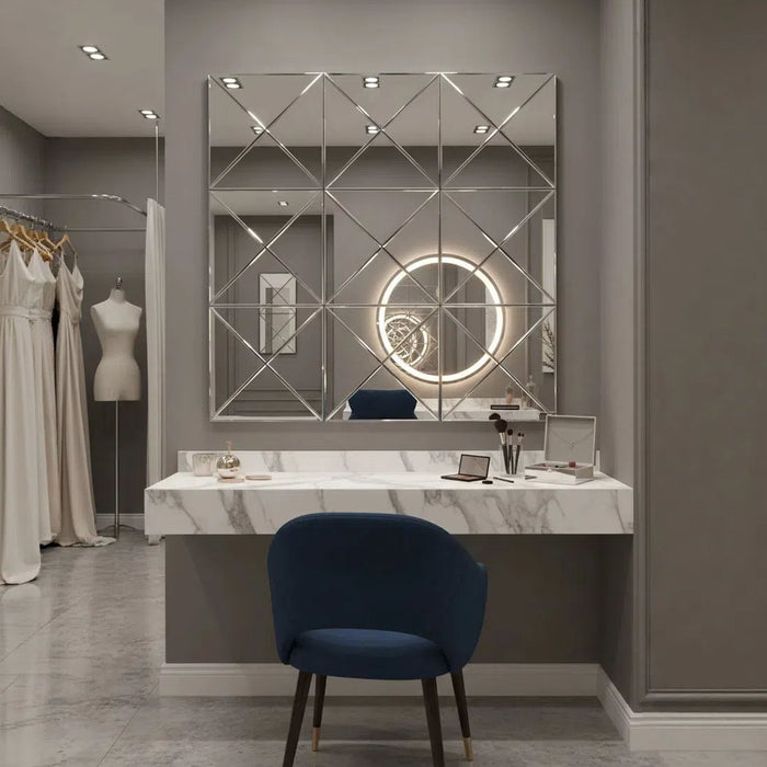 3D Beveled Wall Mirror With Frame, Large Square Design For Living Room - Silver