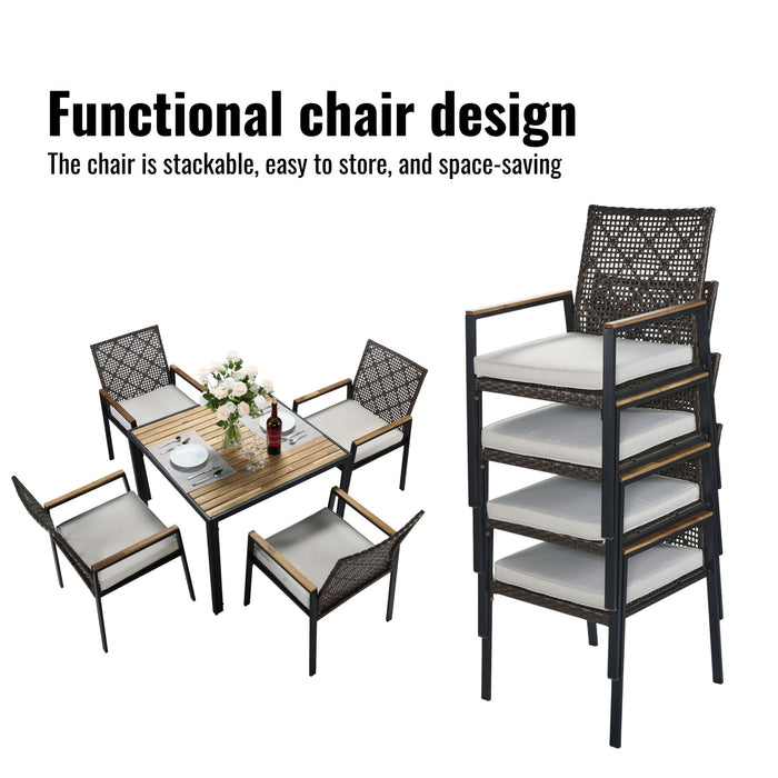 5 Piece Patio Dining Table Set, Acacia Wood Table Top With Umbrella Hole