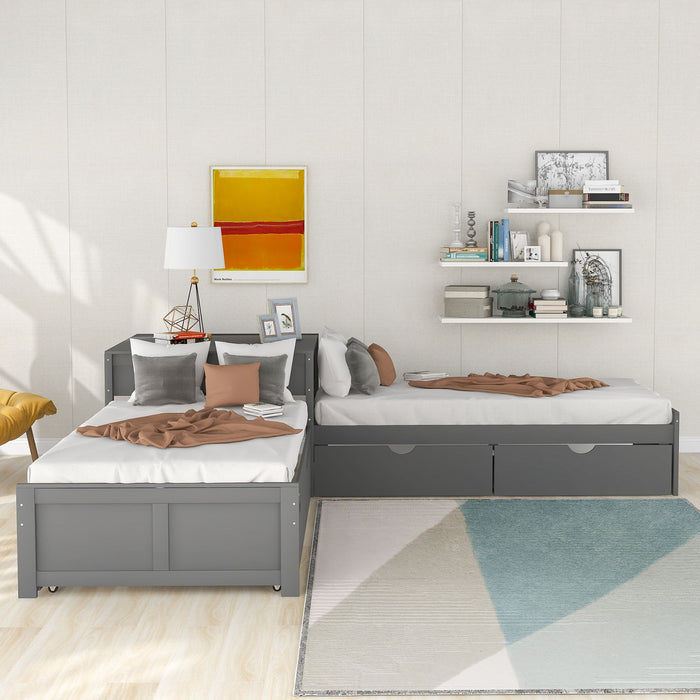 L Shaped Platform Bed With Trundle And Drawers Linked With Built In Desk