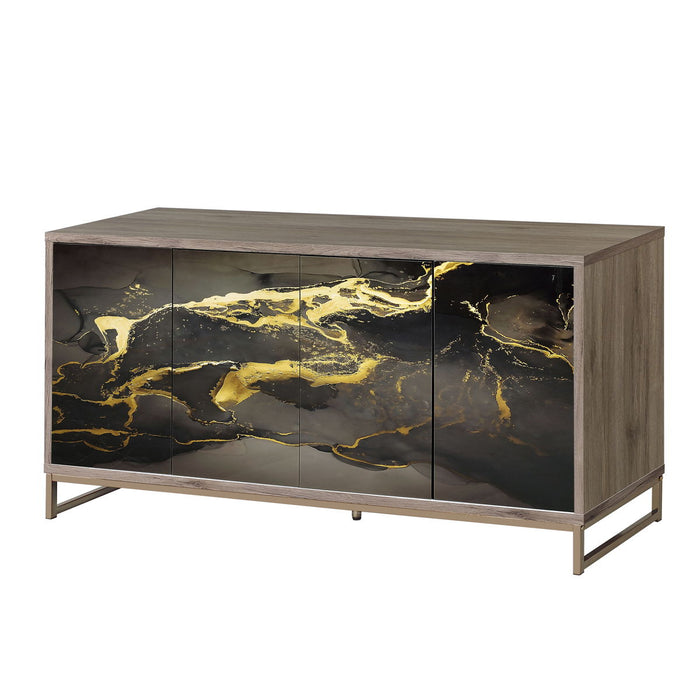 Acme Payo Console Cabinet, Black Marble Paint, Oak & Champagne