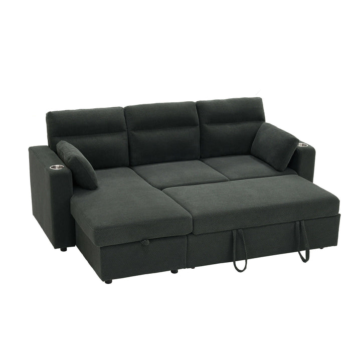 Convertible L - Shaped Sectional Sofa Bed With Storage Chaise, Cup Holders