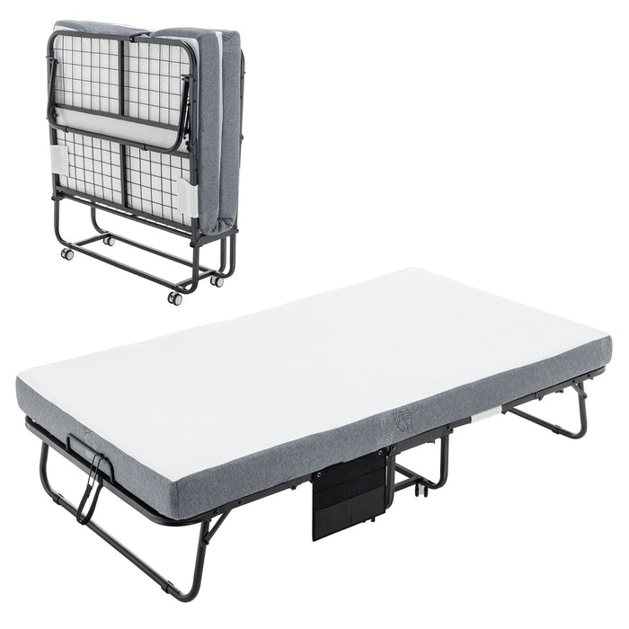 Foldable Metal Frame Bed For Guest With Memory Foam Mattress On Wheels, Saving Space Rollaway Bed